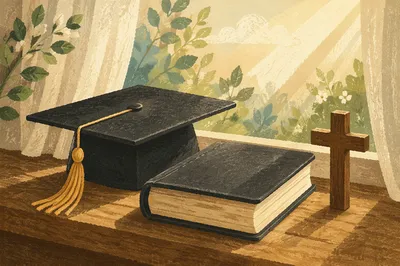 Graduation Cap Bible and Cross on Windowsill
