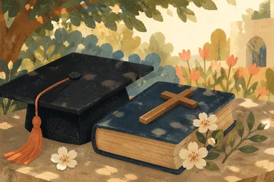 Graduation Cap Bible and Wooden Cross