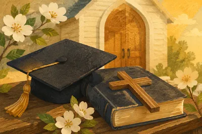 Graduation Cap Bible and Cross at Chapel