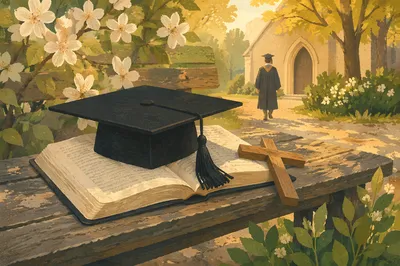 Graduation Cap on Bible with Wooden Cross