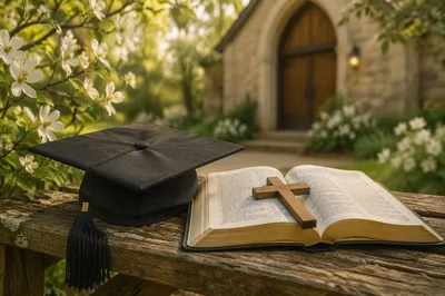 Graduation Cap Bible and Cross in Spring Garden