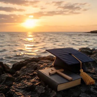 Graduation Cap Bible and Cross at Sunset