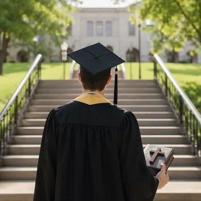 Christian Graduate Holding Bible and Cross