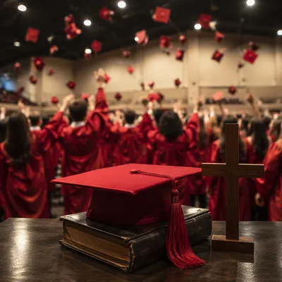 Graduation Cap on Bible With Wooden Cross