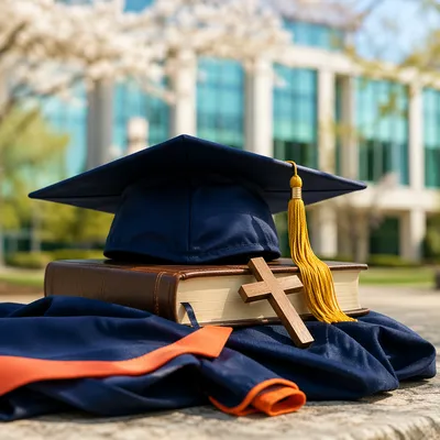 Graduation Cap Bible and Wooden Cross