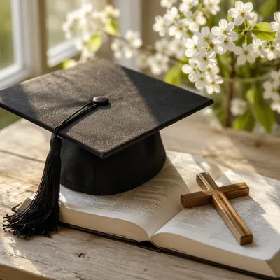 Graduation Cap on Bible with Wooden Cross