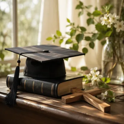 Graduation Cap Bible and Cross in Morning Light