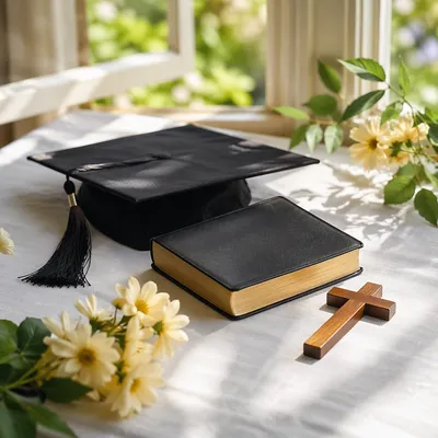 Spring Graduation Cap Bible Cross Still Life