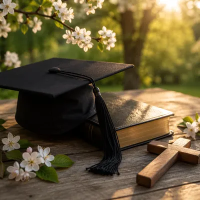Graduation Cap with Bible and Wooden Cross