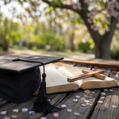 Graduation Cap Bible and Cross in Spring