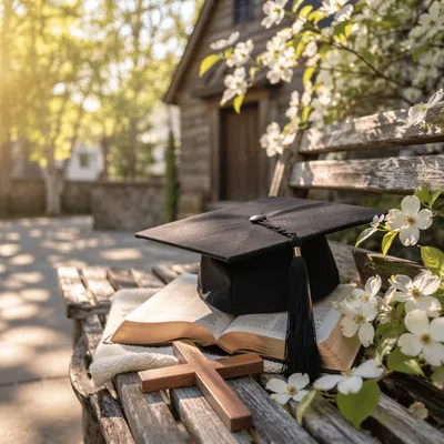 Graduation Cap on Bible with Wooden Cross