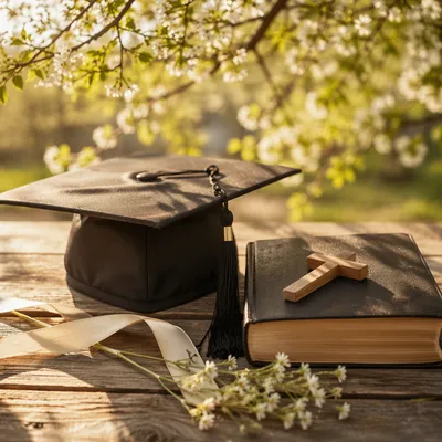 Christian Graduation Cap with Bible and Cross