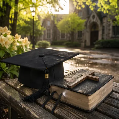 Graduation Cap Bible and Cross in Spring
