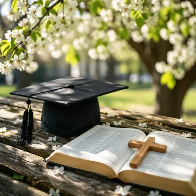 Graduation Cap Bible and Wooden Cross