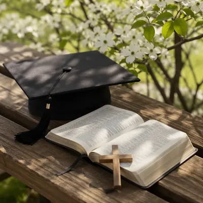 Graduation Cap Bible and Wooden Cross