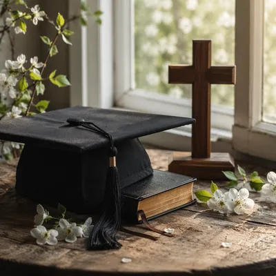 Graduation Cap Bible and Wooden Cross