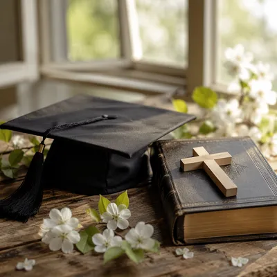 Graduation Cap Bible and Wooden Cross
