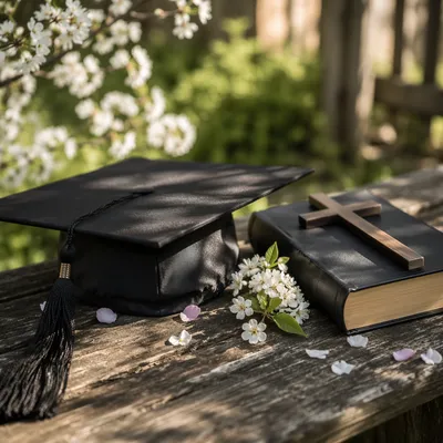 Graduation Cap with Bible and Cross