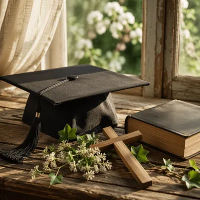 Graduation Cap Bible and Wooden Cross