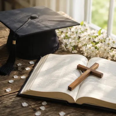 Graduation Cap, Bible and Cross Still Life