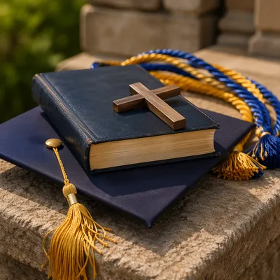 Graduation Cap Bible and Wooden Cross