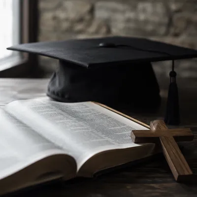 Graduation Cap with Bible and Wooden Cross
