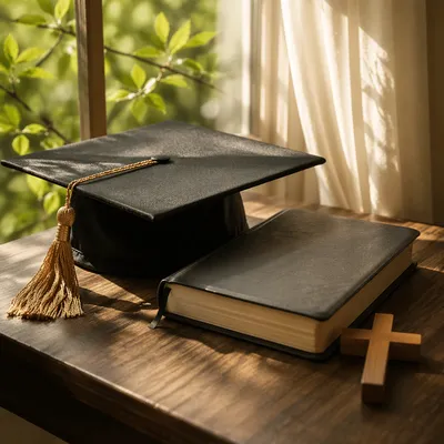 Graduation Cap Bible and Wooden Cross