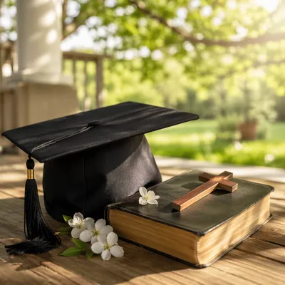 Graduation Cap Bible and Wooden Cross