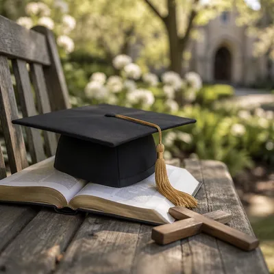Graduation Cap on Bible with Wooden Cross