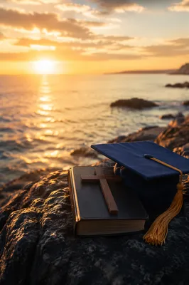 Graduation Cap Bible and Cross at Sunset