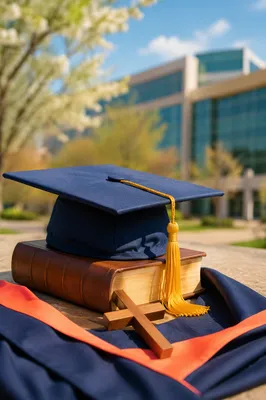 Graduation Cap Bible and Wooden Cross