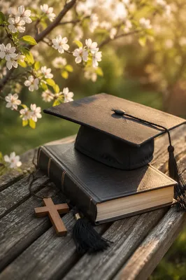 Graduation Cap on Bible with Wooden Cross