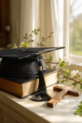 Graduation Cap on Bible with Wooden Cross