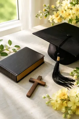 Graduation Cap Bible and Cross Still Life