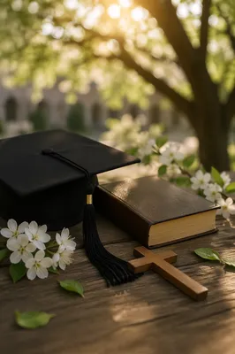 Graduation Cap Beside Bible and Cross