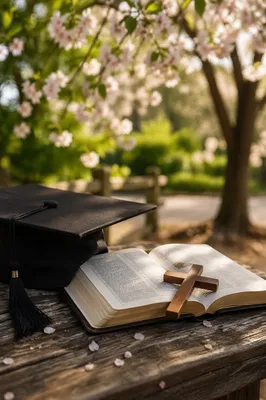 Graduation Cap Bible and Cross in Spring