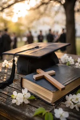 Spring Graduation Cap Bible and Wooden Cross