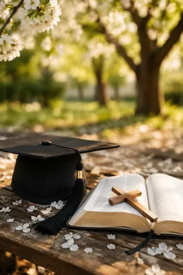Graduation Cap Bible and Cross in Spring