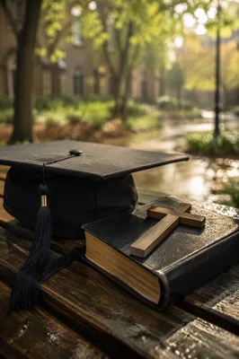 Graduation Cap Bible and Cross in Spring