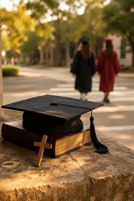 Graduation Cap on Bible with Wooden Cross