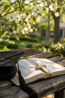 Graduation Cap with Bible and Wooden Cross