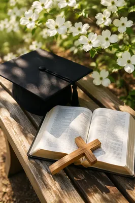 Graduation Cap Bible and Wooden Cross