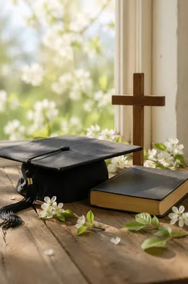 Graduation Cap Bible and Wooden Cross