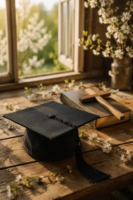 Graduation Cap Beside Bible and Wooden Cross