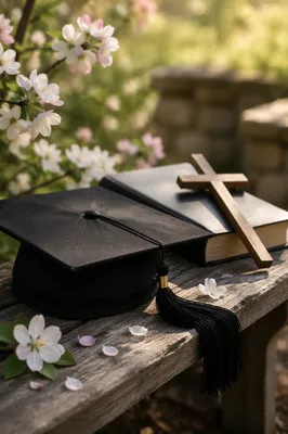 Graduation Cap with Bible and Wooden Cross
