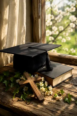 Graduation Cap Bible and Wooden Cross