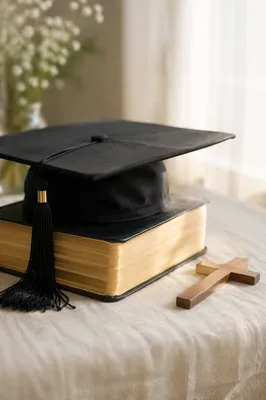 Christian Graduation Cap on Bible With Cross