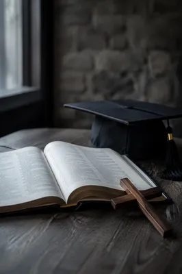 Graduation Cap Beside Bible and Wooden Cross