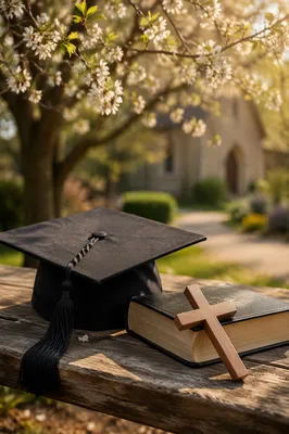 Graduation Cap Bible and Cross in Spring