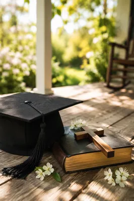 Graduation Cap Bible and Wooden Cross
